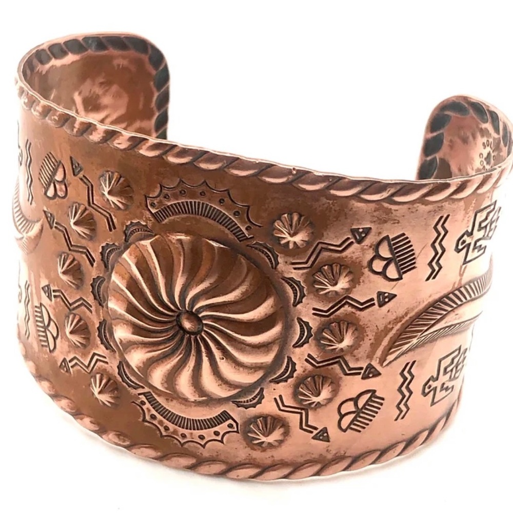 Fred Harvey Era Solid Copper Repousse Wide Bracelet